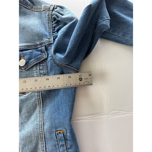 AQUA Women's Puff Sleeve Denim Long Sleeve Jean Jacket XS Blue Fitted Chic Short - Picture 11 of 13